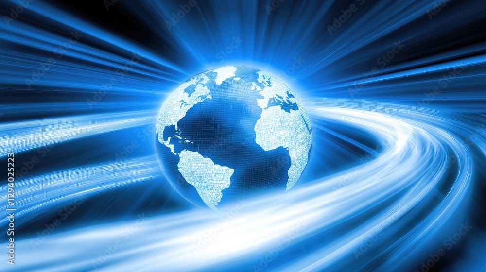 Poster global internet communication represented by a glowing earth with data streams.