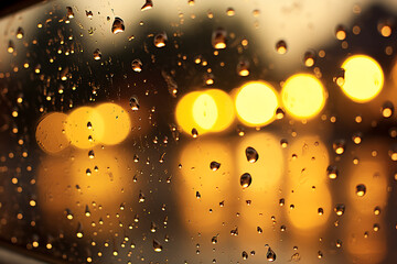 Fototapeta premium Raindrops on window with blurred city lights.Mesmerizing blur of city lights on a rainy evening,water droplets bokeh,raindrops sliding down windowpane create a cozy atmosphere indoors