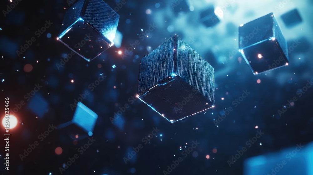 Poster futuristic 3d rendering of floating cubes with glowing edges