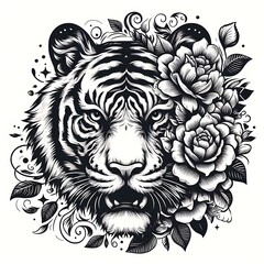 Fototapeta premium Elegant tiger head illustration with ornate floral design.