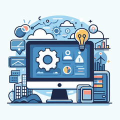 computer, technology, digital, business, communication, laptop, tech, device, design, pc, work, internet, office, web, desktop, monitor, employee, information, modern, data, electronic, vector, backgr