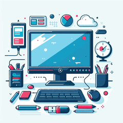 computer, technology, digital, business, communication, laptop, tech, device, design, pc, work, internet, office, web, desktop, monitor, employee, information, modern, data, electronic, vector, backgr