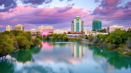 City skyline reflected in calm water at sunset, pastel pink and purple clouds, lush green vegetation in foreground. Modern architecture, tranquil