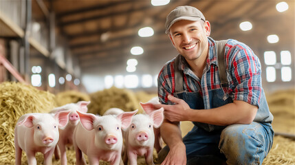 Experienced farmer checking on piglet health in modern barn facility. The image captures genuine care and attention in livestock management, emphasizing professional animal husbandry practices.
