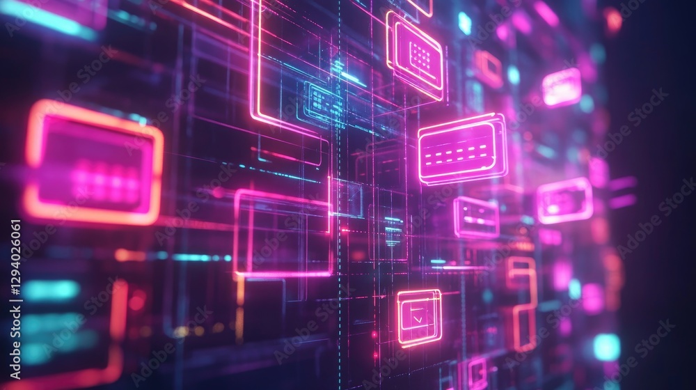 Poster glowing speech bubbles connected by thin neon lines in a futuristic setting.
