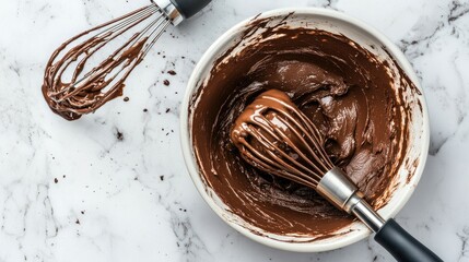 Fototapeta premium Hand mixer with beaters covered in chocolate batter resting on a marble countertop.
