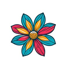 Vibrant stylized flower design with teal, orange, and crimson petals.