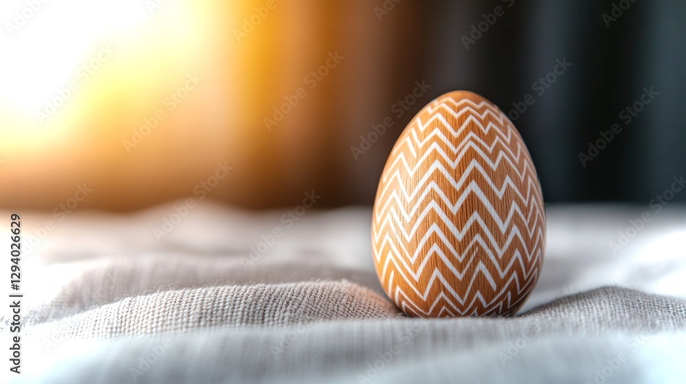 Poster decorative wooden egg with zigzag patterns resting on a soft surface in warm light