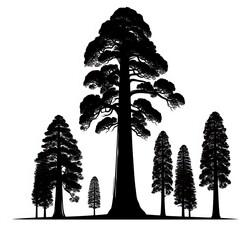 Silhouettes of giant sequoia trees against white background.