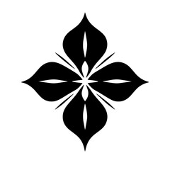 Black & White Floral Cross-Symmetrical Design with Pointed Petals and White Detail, Floral, symmetrical, isolated on white.