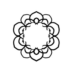 Intricate floral-like mandala with a black outline on a white background, showcasing a symmetrical, elegant and centered, detailed, stylized design.