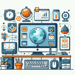 computer, technology, digital, business, communication, laptop, tech, device, design, pc, work, internet, office, web, desktop, monitor, employee, information, modern, data, electronic, vector, backgr