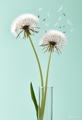 Fototapeta premium Ein zarter Strauß aus Pusteblumen in einer schlichten Glasvase. Die filigranen Samenstände wirken leicht und luftig, symbolisieren Vergänglichkeit und Schönheit. Generative KI.