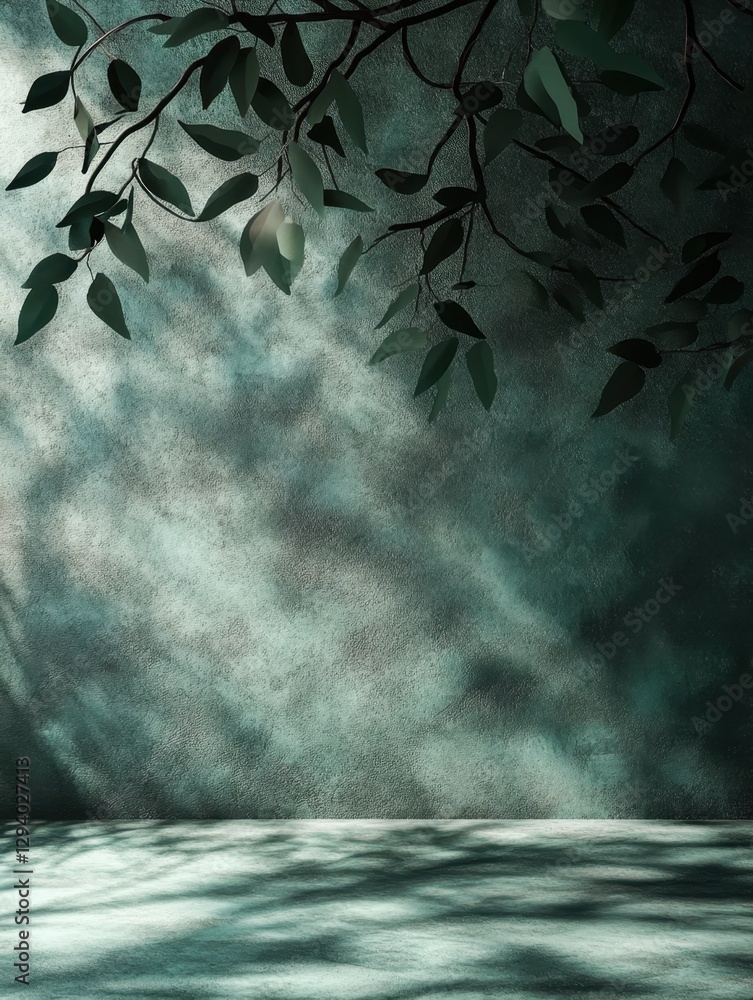 Poster serene botanical studio background with leafy branches casting shadows on a textured teal wall surfa