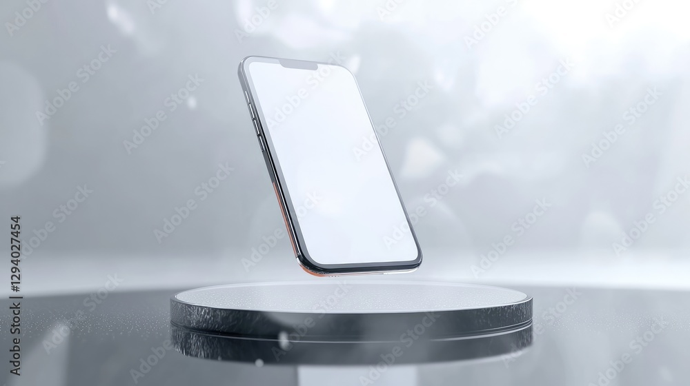 Poster high-end smartphone mockup floating in a soft light environment, blank screen for presentation.