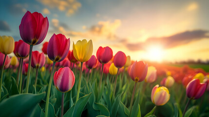 Vibrant tulip field stretching into the horizon under a bright sky, symbolizing joy and renewal on Good Friday