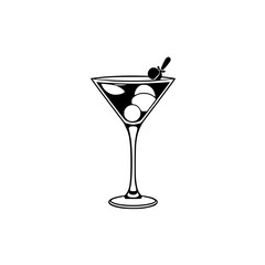 Minimalist black and white Martini with olives, stylish, graphic, and sophisticated composition.