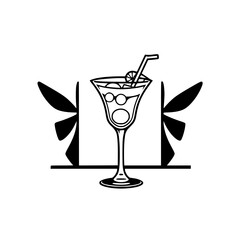 Elegant Martini with Wings: Minimalist black & white illustration of a cocktail and wings.