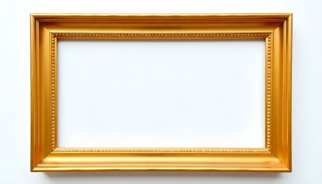 Un marco de fotos dorado, horizontal y vacío con un fondo blanco. El marco está hecho de un material dorado brillante y reflectante