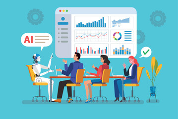 Businesspeople having meeting with ai robot analyzing charts and data