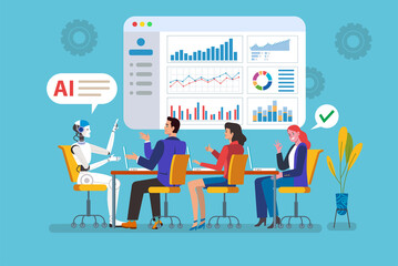 Businesspeople having meeting with ai robot analyzing charts and data