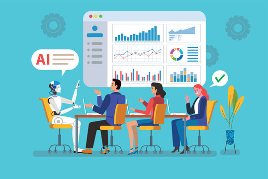 Businesspeople having meeting with ai robot analyzing charts and data