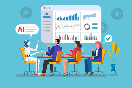Businesspeople having meeting with ai robot analyzing charts and data