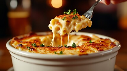 Mac and Cheese Delight: Close-up of a forkful of creamy mac and cheese, its cheesy goodness oozing, over a hot baked dish, embodying pure comfort food with a touch of green garnish.