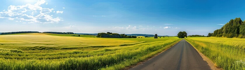 Obraz premium Landscape in countryside banner format with a wide field of cereals blue sky.