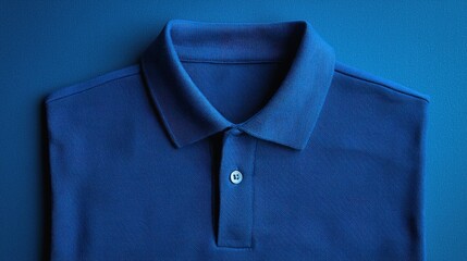 Folded navy blue polo shirt on a vibrant blue surface