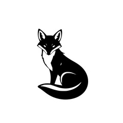 Black and white minimalist fox illustration of a sitting fox in a centered frame with a white background.