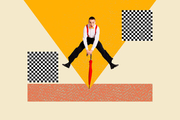 Creative sketch art collage of shocked dandy man jump parasol dancehall occasion celebration...