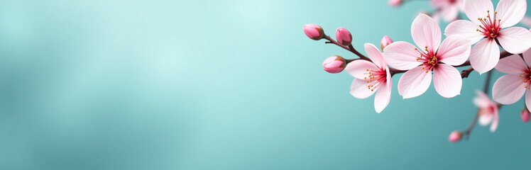 Naklejka premium A Subtle Teal Background Features Soft Pinkish Cherry Blossoms In A Simple Yet Elegant Design.