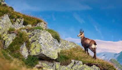 Agile Tatra Chamois Scaling a Rugged Mountain Landscape, Graceful and Resilient against the Backdrop of an Alpine Winter, Capturing the Majesty of the Highlands at Twilight.