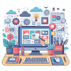 computer, technology, digital, business, communication, laptop, tech, device, design, pc, work, internet, office, web, desktop, monitor, employee, information, modern, data, electronic, vector, backgr