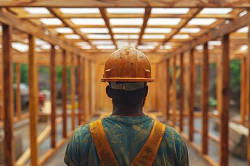 A focused construction worker stands amidst the wooden frame of a new building, ensuring precision, wearing a hard hat and harness for safety on site.
