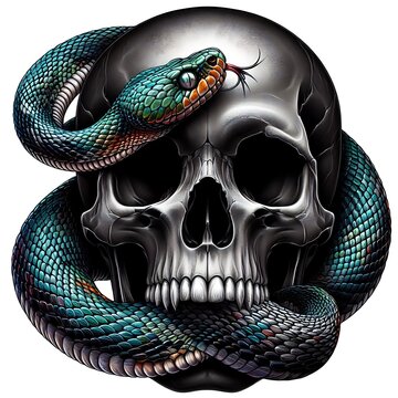 Intricate graphic design of a skull with a vibrant green and teal snake coiled around it.