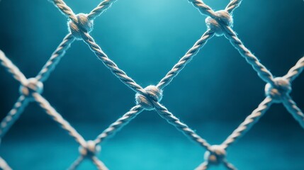 Close up of a net with white ropes and knots, set against a blurred teal and dark background. The lighting highlights the texture of the net
