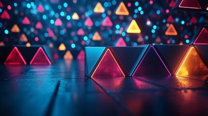 Naklejka premium Neon Triangle Background: Abstract 3D Render of Glowing Pyramids