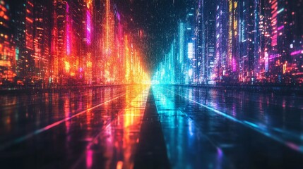 Obraz premium Neon Cityscape: Futuristic Digital Art Wallpaper, Cyberpunk Background