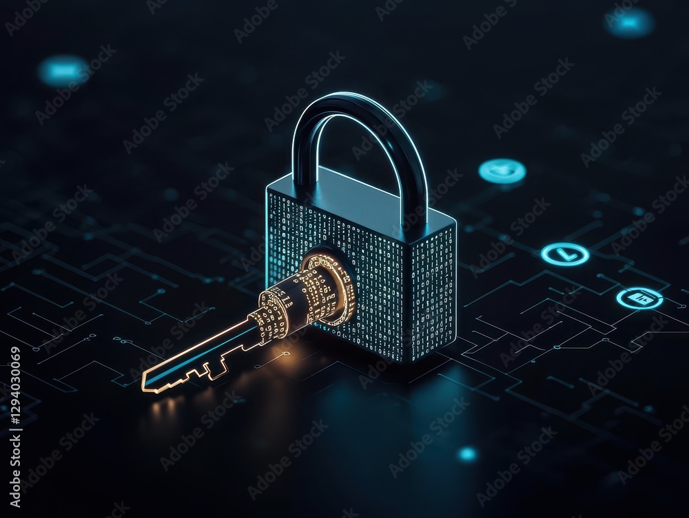Poster digital padlock with a key, symbolizing cybersecurity and data protection against threats.