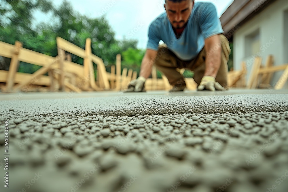 Poster a focused construction worker smoothing wet cement, creating a solid base, meticulously ensuring a l