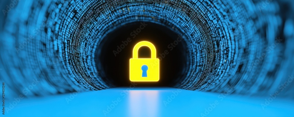 Poster digital tunnel with a glowing lock symbolizing cybersecurity and data protection.