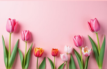 A Soft Pink Background Features A Top View Of Free Space With Tulips And Other Spring Flowers In Bloom Freely.