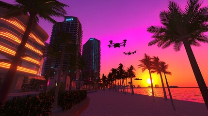 Sunset city drones beach scene, futuristic