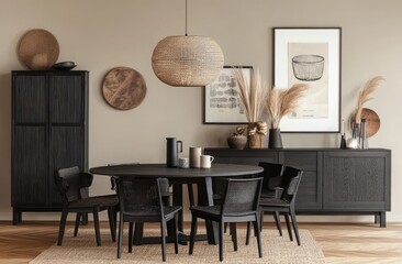 A dining room with black chairs, a wooden table, and an elegant lamp above it, featuring a wall art of a map on the beige walls.