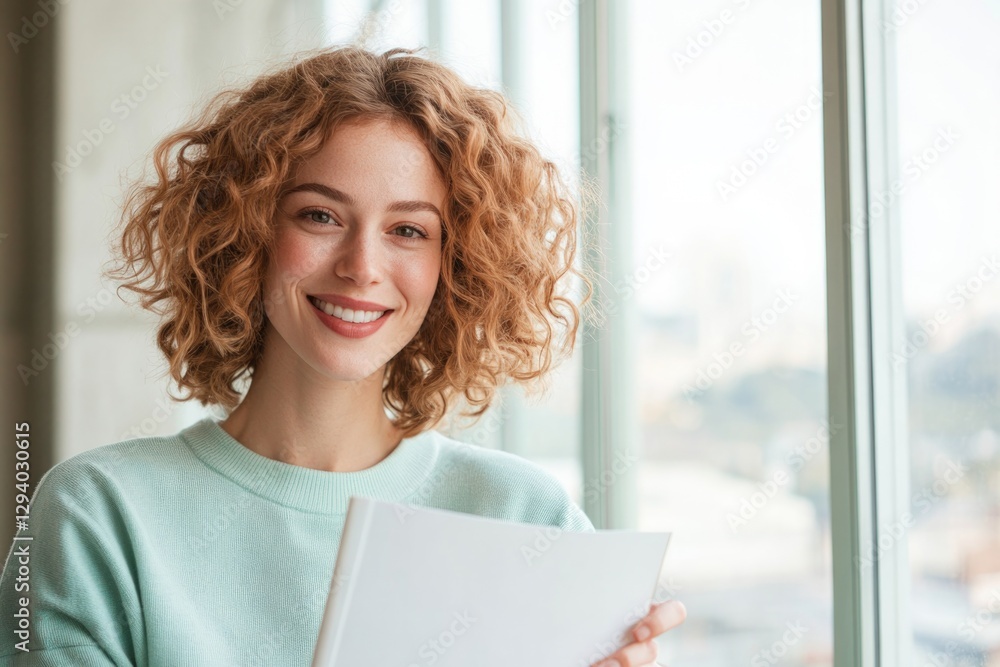 Poster creative writer smiling while reviewing proof copy of their book seated by large window with natural