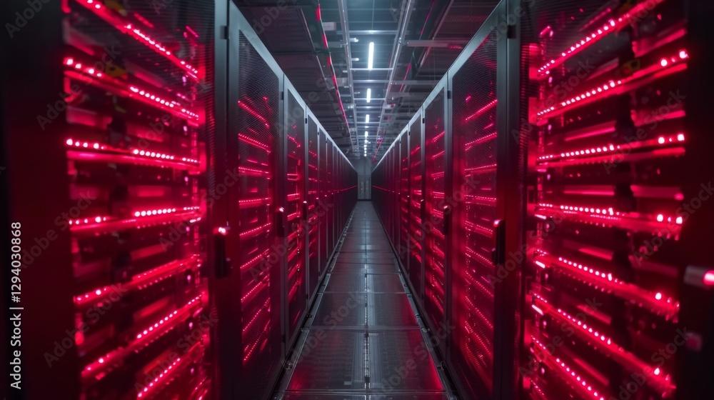 Fototapete Rows of advanced servers glow with red lights in a sleek data center corridor. The atmosphere is filled with the hum of technology, characterizing a busy, efficient environment.