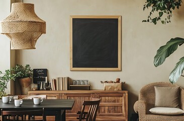 A dining room with black chairs, a wooden table, and an elegant lamp above it, featuring a wall art of a map on the beige walls.