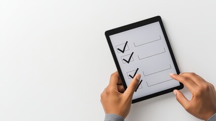 A person holding a tablet with a checklist on a minimalistic background.